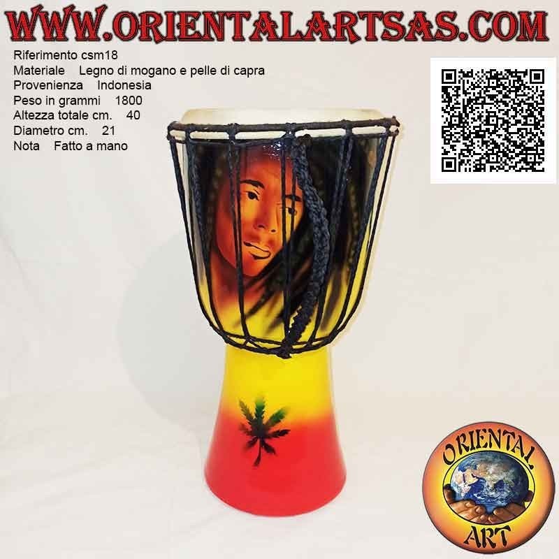 Bongo djembé "Jamaica Bob Marley decoration" 40 cm, hand painted, in mahogany wood and goatskin