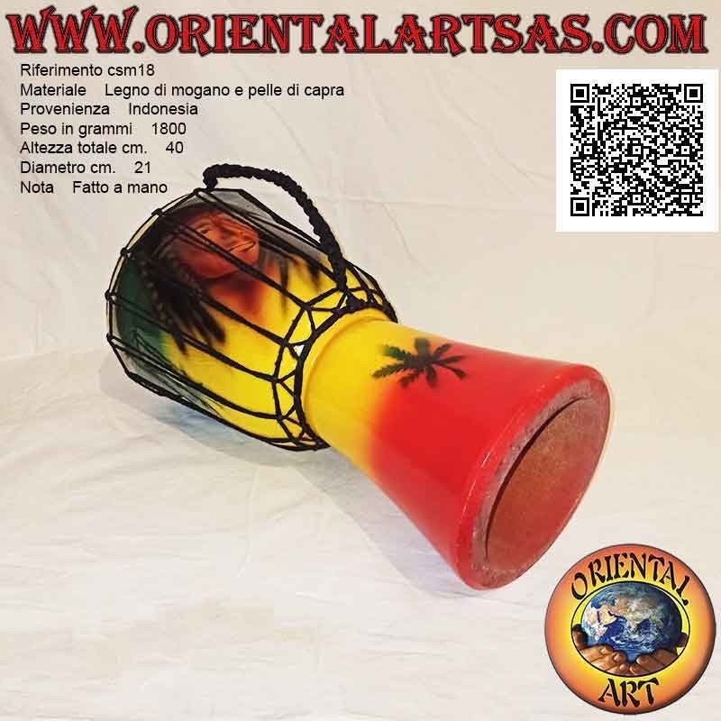 Bongo djembé "Jamaica Bob Marley decoration" 40 cm, hand painted, in mahogany wood and goatskin
