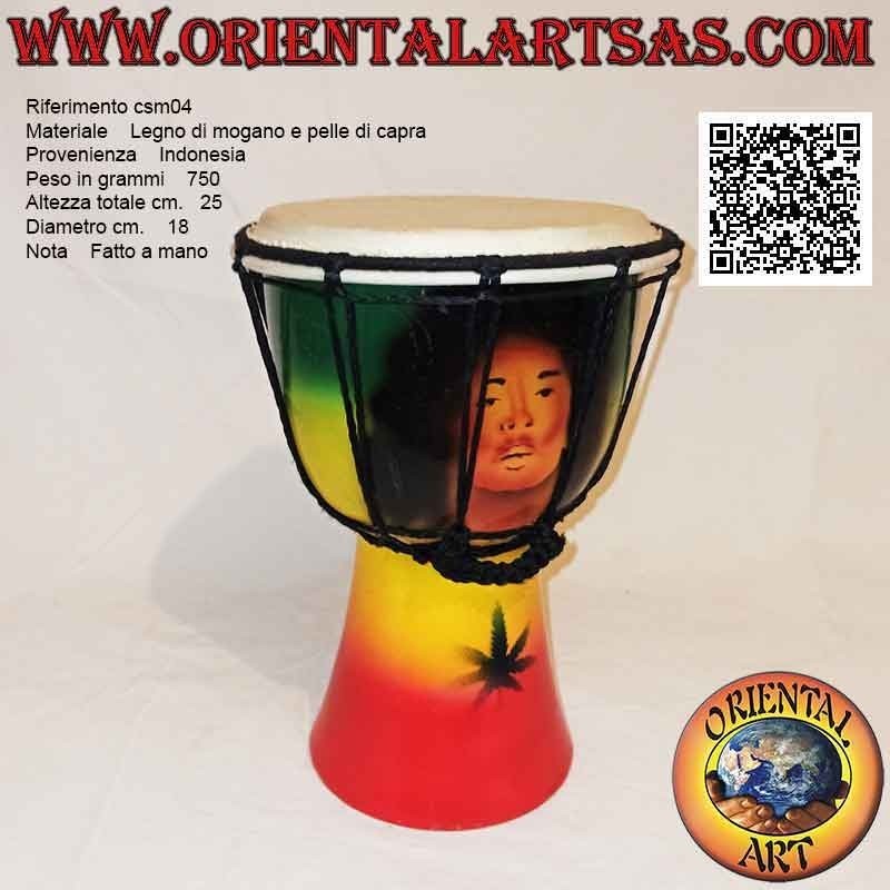 Bongo djembé "decorazione Jamaica" da 25 cm, dipinto a mano, in legno di mogano e pelle di capra (3)