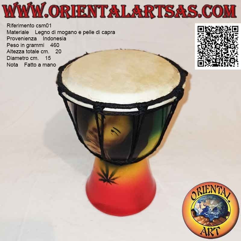 Bongo djembé "decorazione Jamaica" da 20 cm, dipinto a mano, in legno di mogano e pelle di capra