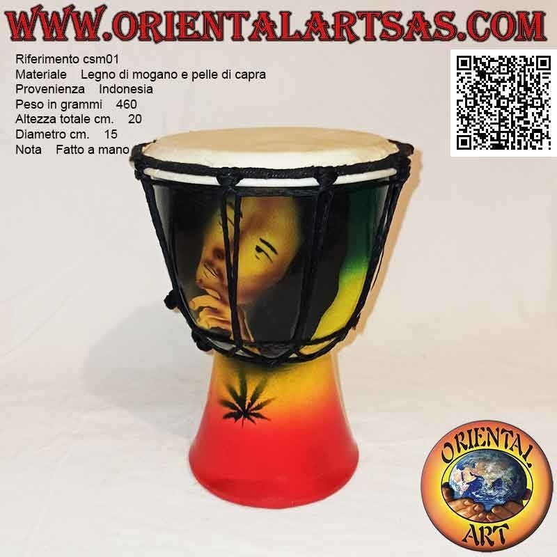 Bongo djembé "décor Jamaïque" 20 cm, peint à la main, en bois d'acajou et cuir de chèvre