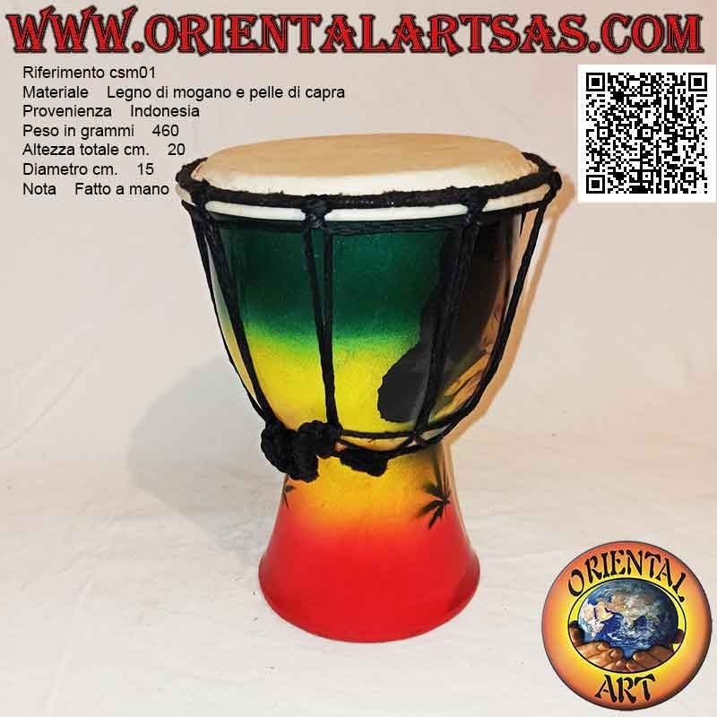 Bongo djembé "Decoración Jamaica" de 20 cm, pintado a mano, en madera de caoba y piel de cabra
