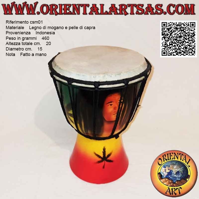 Bongo djembé "décor Jamaïque" 20 cm, peint à la main, en bois d'acajou et cuir de chèvre