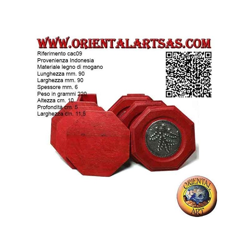 Set mit 6 achteckigen Untersetzern mit Behälter aus Mahagoniholz ​​und Einsätzen in Silber mit Blumendekor (rot)
