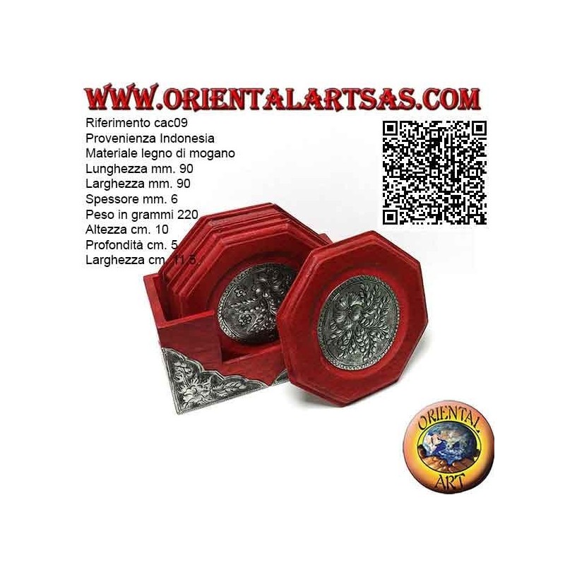 Ensemble de 6 dessous de verre octogonaux avec récipient en bois d'acajou et inserts en argent avec décorations florales (rouge)
