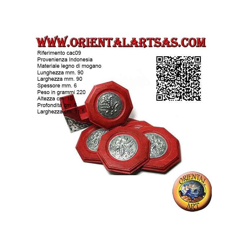 Set mit 6 achteckigen Untersetzern mit Behälter aus Mahagoniholz ​​und Einsätzen in Silber mit Blumendekor (rot)