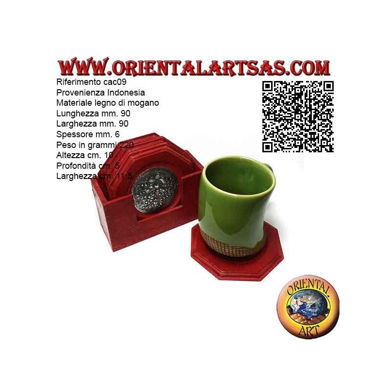 Ensemble de 6 dessous de verre octogonaux avec récipient en bois d'acajou et inserts en argent avec décorations florales (rouge)
