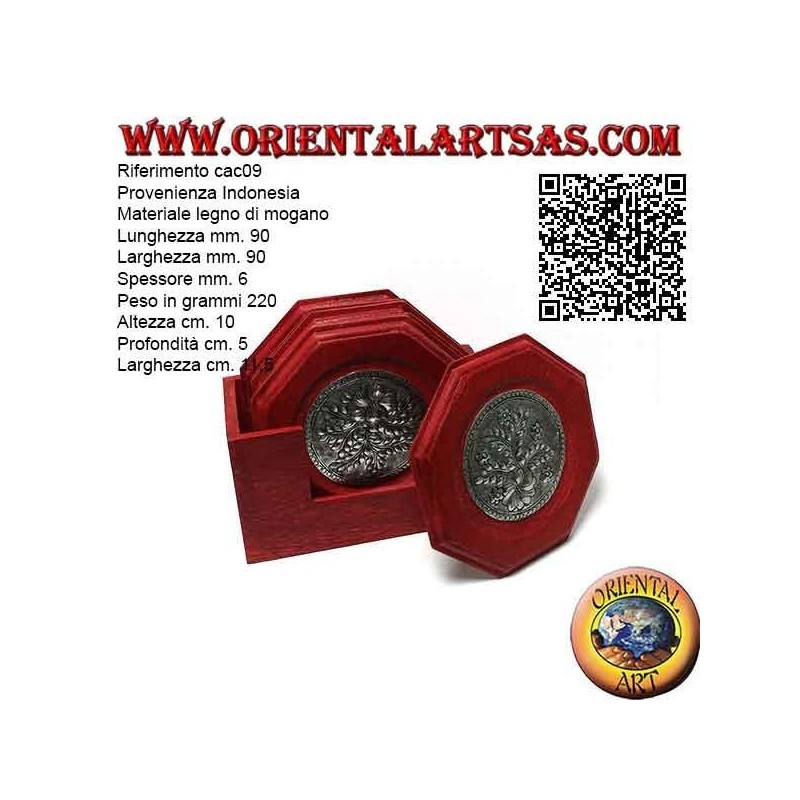 Set mit 6 achteckigen Untersetzern mit Behälter aus Mahagoniholz ​​und Einsätzen in Silber mit Blumendekor (rot)