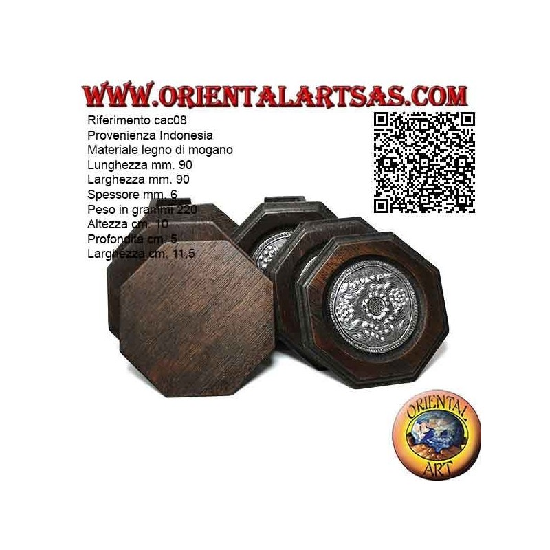 Set mit 6 achteckigen Untersetzern mit Behälter aus Mahagoniholz ​​und Einsätzen in Silber mit Blumendekor (schwarz)