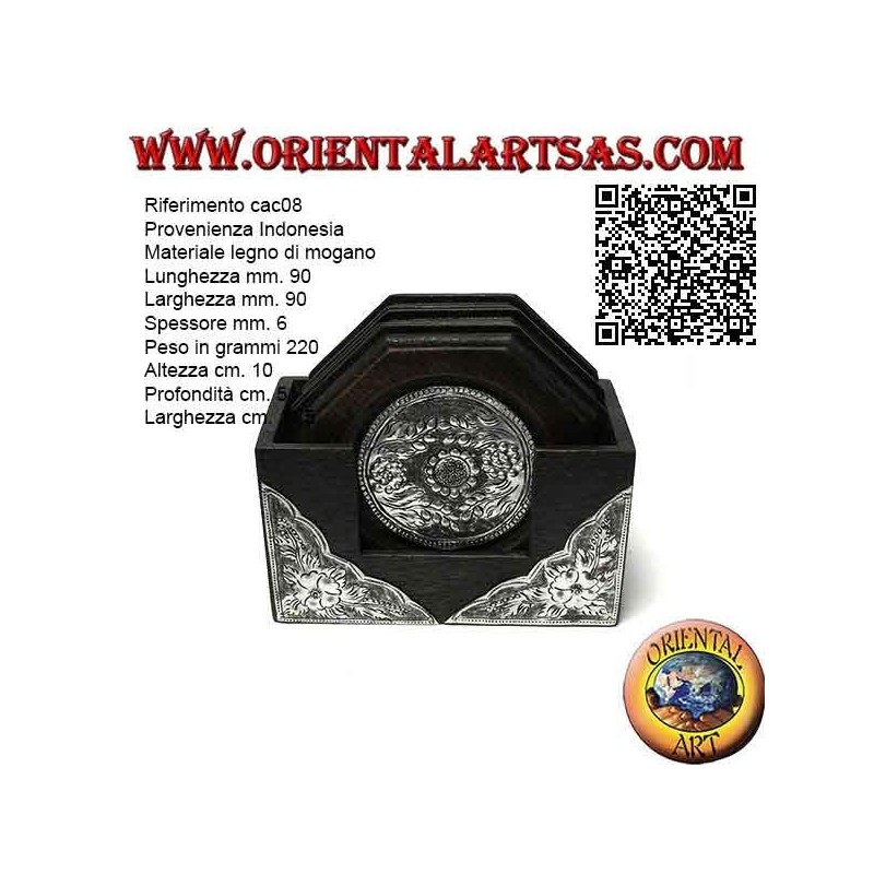 Set of 6 octagonal coasters with container in mahogany wood and inserts in silver with floral decorations (black)