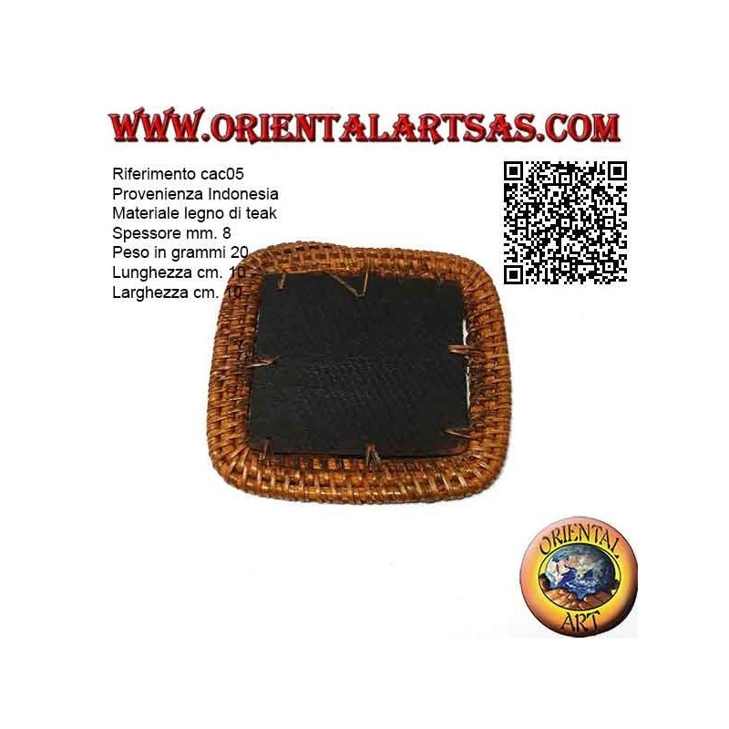 Dessous de verre carré en osier et centre en bois de teck de 10 cm (foncé)