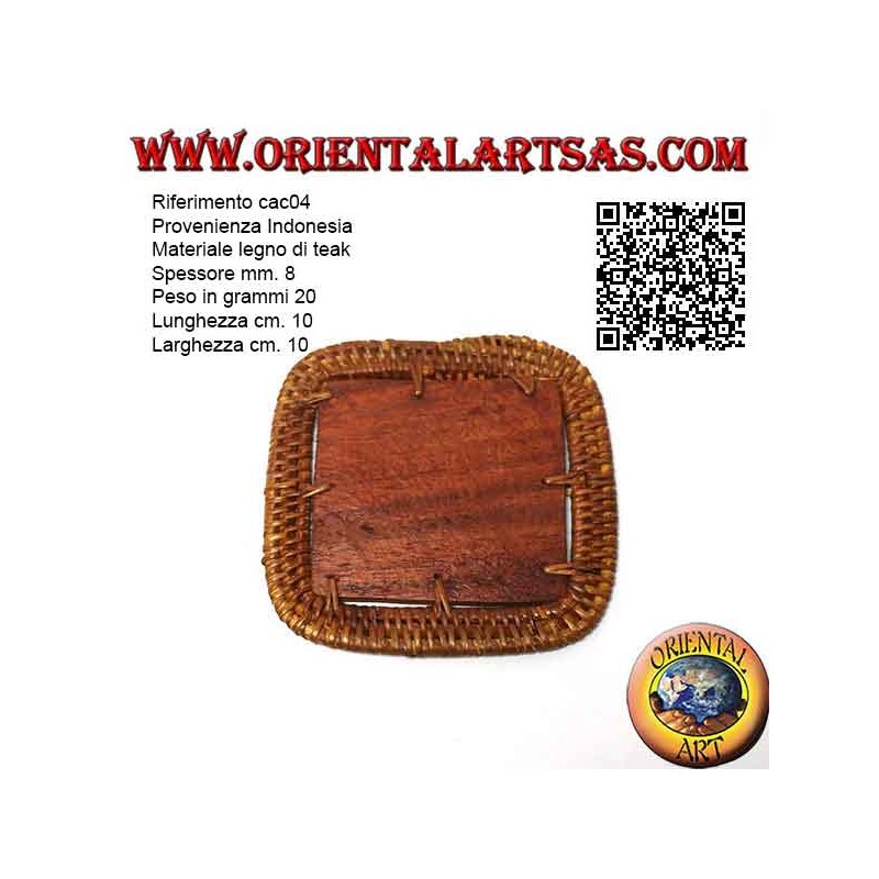 Sottobicchiere quadrato in midollino e centro in legno teak da 10 cm (chiaro)