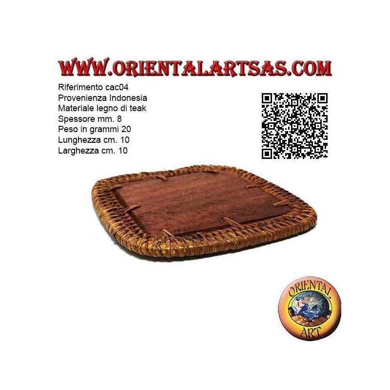 Sottobicchiere quadrato in midollino e centro in legno teak da 10 cm (chiaro)