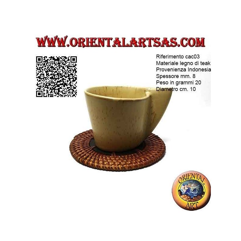 Round coaster in rolled wicker and 10 cm teak wood center (dark)