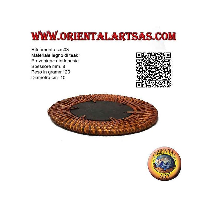 Dessous de verre rond en osier roulé et centre bois de teck 10 cm (foncé)