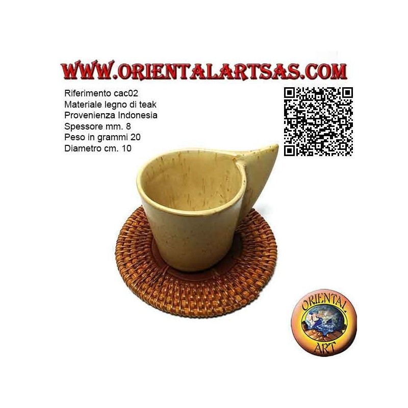 Round coaster in rolled wicker and center in 10 cm teak wood (clear)