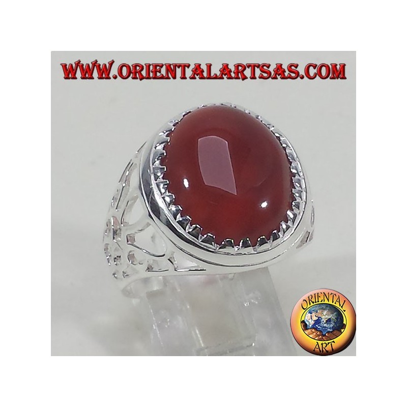 Silver ring carved with oval carnelian