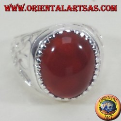 Silver ring carved with oval carnelian