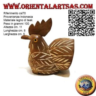 Sculpture peinte à la main d'un coq, bois de teck 11cm (naturel)