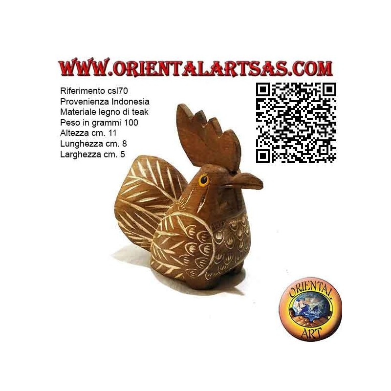 Scultura di un gallo dipinta a mano, in legno di teak da 11 cm (naturale)