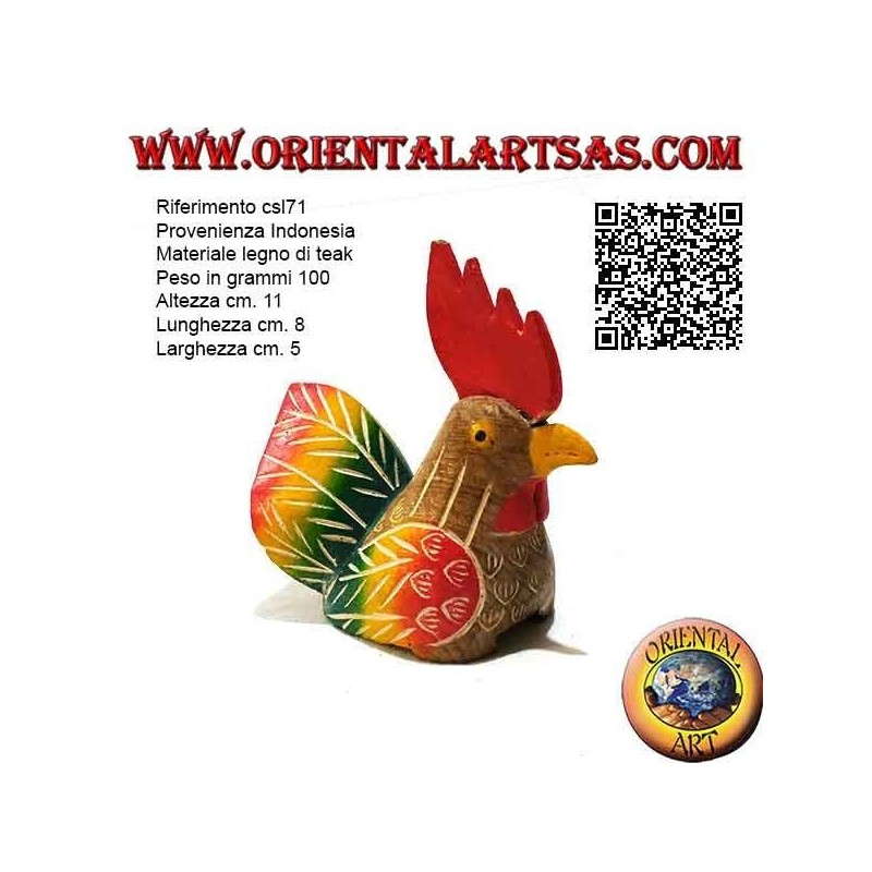 Sculpture peinte à la main d'un coq, bois de teck 11 cm (multicolore)