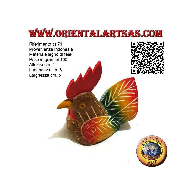 Sculpture peinte à la main d'un coq, bois de teck 11 cm (multicolore)
