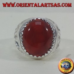 Silver ring carved with oval carnelian