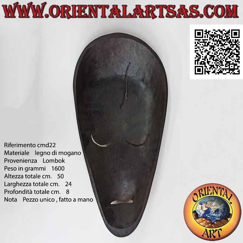 Máscara aborigen tradicional de Lombok en madera de caoba negra con incrustaciones de nácar, 50 x 24 cm