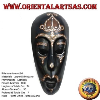 Aboriginal Lombok mask in dark mahogany wood with 50 cm mother of pearl inlays