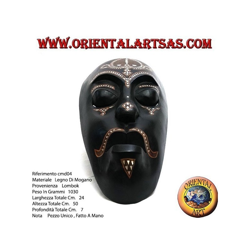 Maschera aborigena di Lombok in legno di mogano scuro con intarsi in madreperla da 50 cm