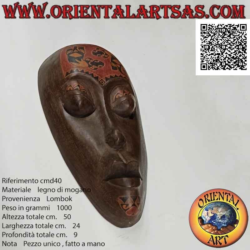 Lombok traditional aboriginal mask in mahogany wood with painted tattoos (geckos), 50 x 24 cm