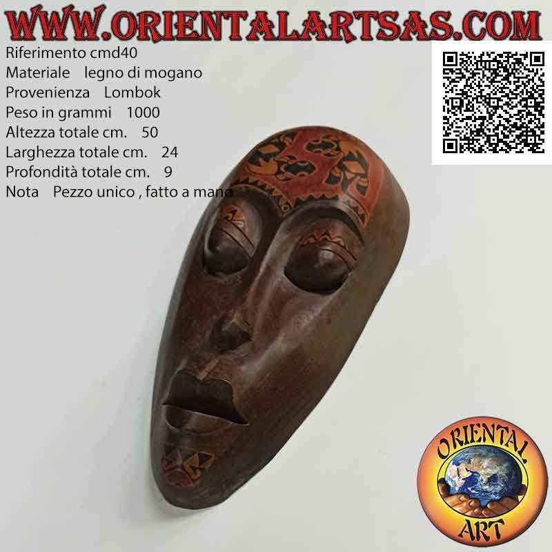 Máscara aborigen tradicional de Lombok en madera de caoba con tatuajes pintados (geckos), 50 x 24 cm