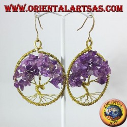 Golden brass earrings, tree of life with Amethysts