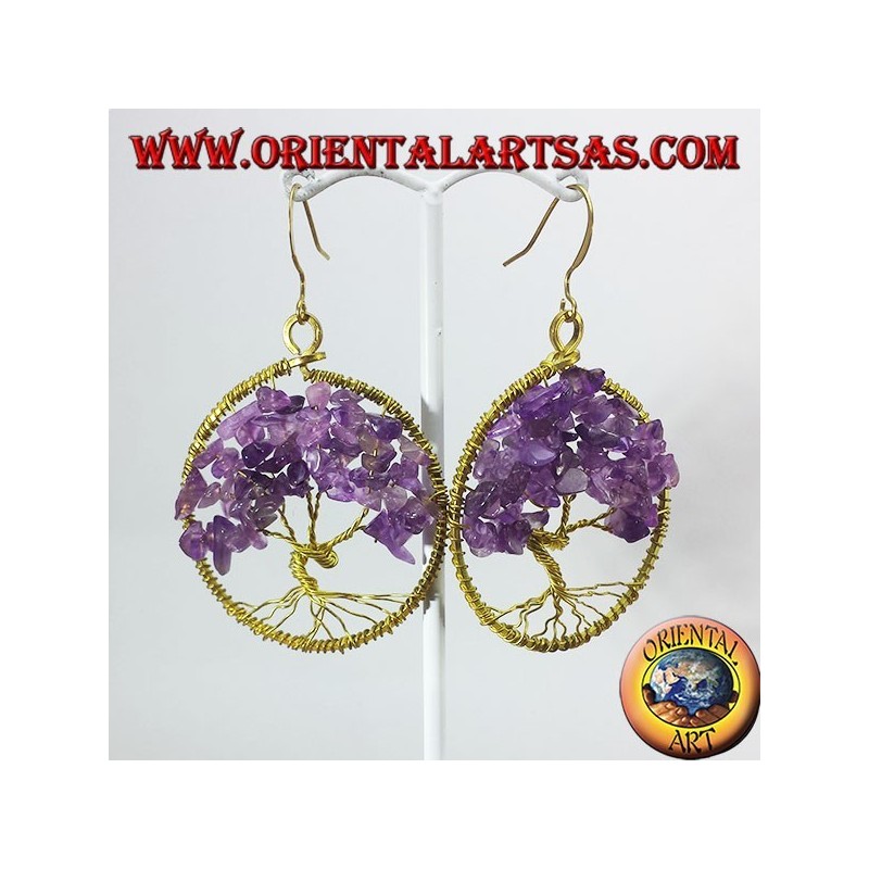 Golden brass earrings, tree of life with Amethysts