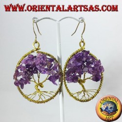 Golden brass earrings, tree of life with Amethysts