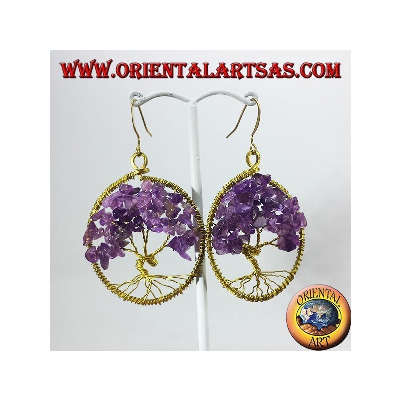 Golden brass earrings, tree of life with Amethysts