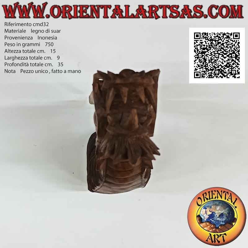 Wall protruding dragon head sculpture in suar wood hand carved from a single block (mustache)