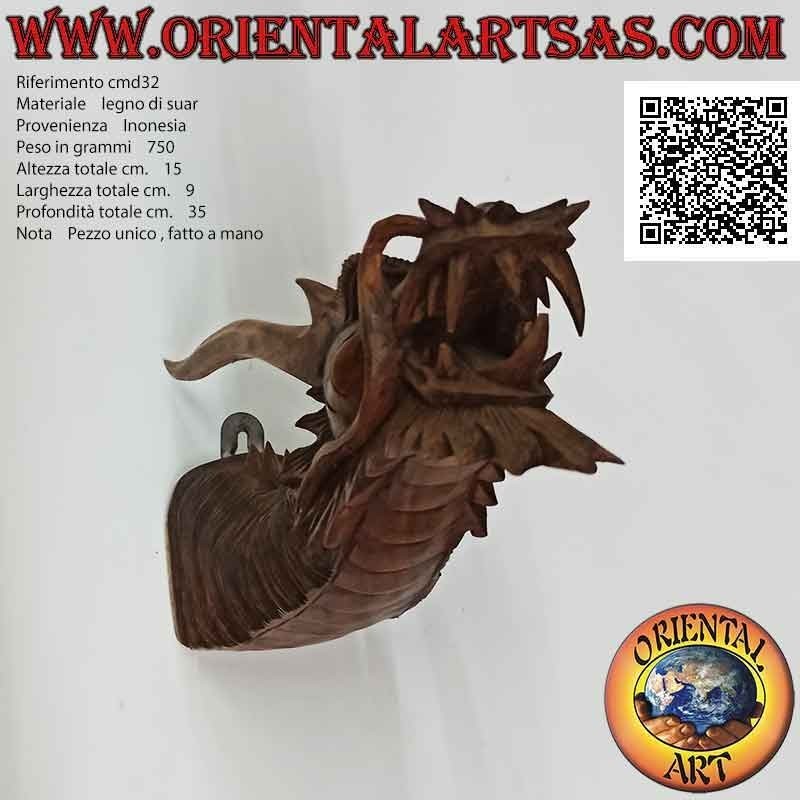 Escultura de cabeza de dragón sobresaliente de pared en madera de suar tallada a mano en un solo bloque (bigote)