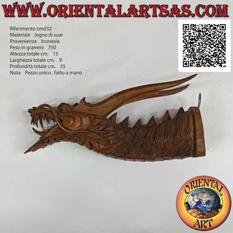 Wall protruding dragon head sculpture in suar wood hand carved from a single block (mustache)