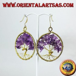 Golden brass earrings, tree of life with Amethysts