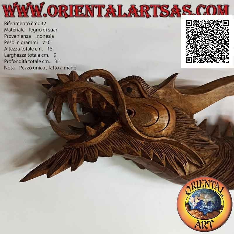 Wall protruding dragon head sculpture in suar wood hand carved from a single block (mustache)