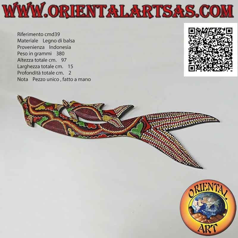 Maschera coppia di delfini con decorazioni a mosaico in stile "aborigeno australiano" in legno di balsa, 97 x 15 cm