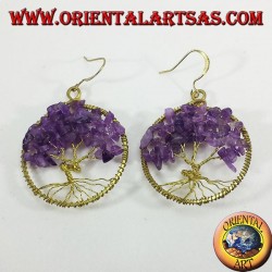 Pendientes de cobre amarillo de oro, árbol de la vida con la turquesa