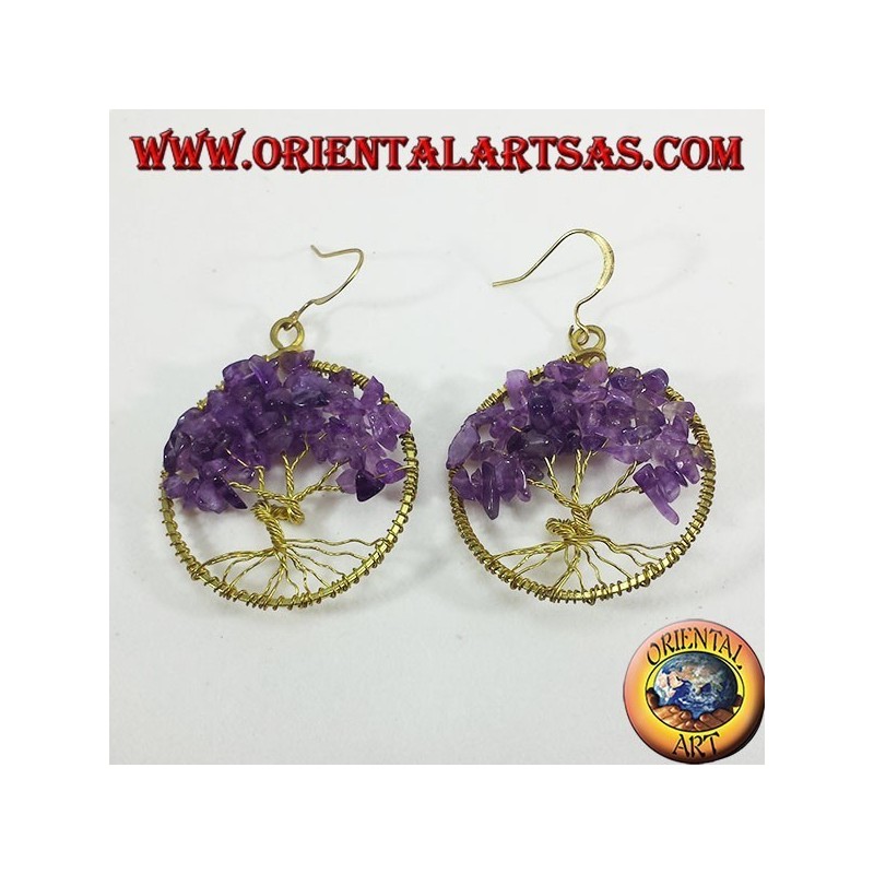 Golden brass earrings, tree of life with Amethysts