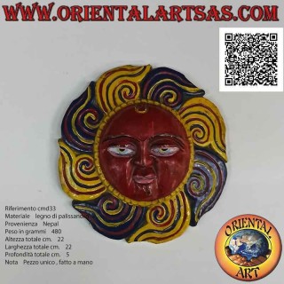 Máscara antigua "sol nepalí" tallada y pintada a mano en palisandro, 22 cm