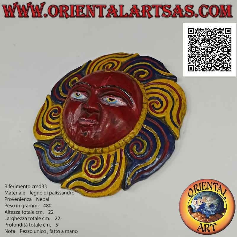 Antique "Nepalese sun" mask carved and hand painted in rosewood, 22 cm