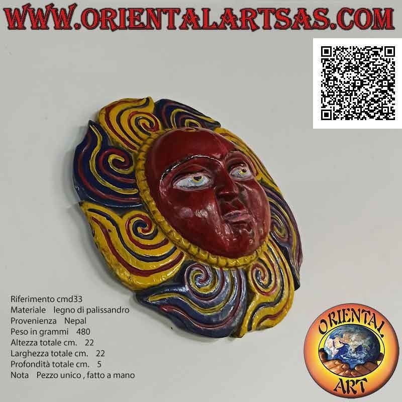 Masque ancien "soleil népalais" sculpté et peint à la main en palissandre, 22 cm