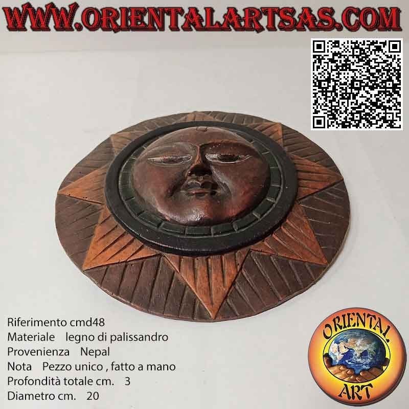 Antigua máscara redonda "Sol de Nepal" tallada y pintada a mano en palo de rosa, 20 cm