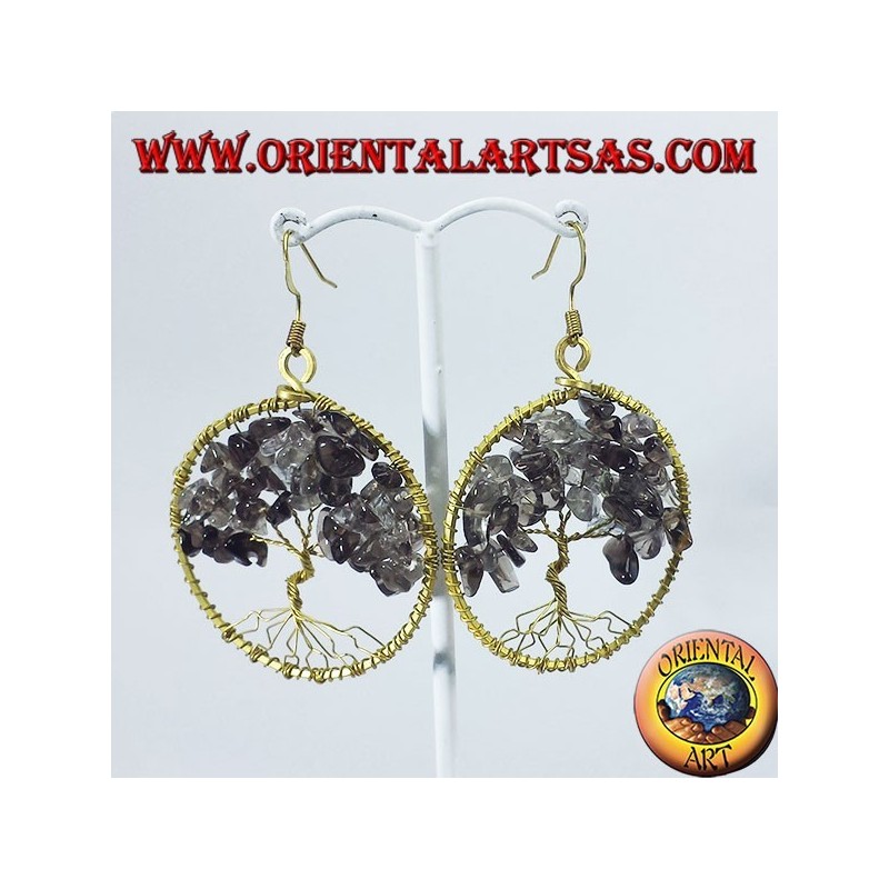 Pendientes de cobre amarillo de oro, árbol de la vida con topacio ahumado