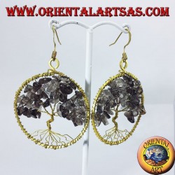 Golden brass earrings, Tree of Life with smoky topaz